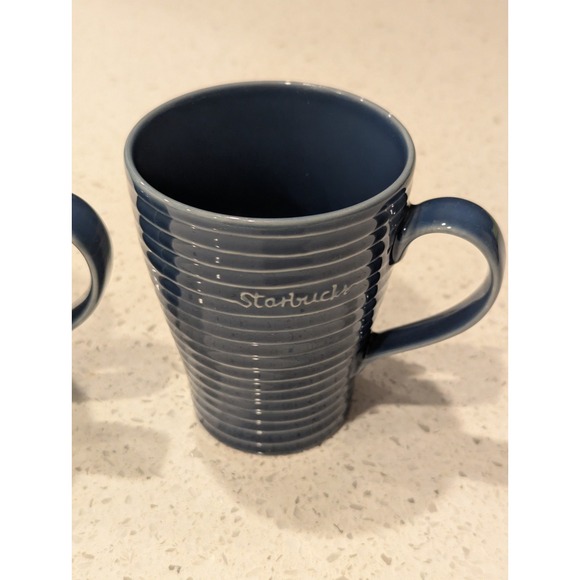 Set Of 2 Starbucks Ceramic Navy Coffee Mugs Stockholm Ribbed Design 12 Oz Cups - Picture 2 of 8